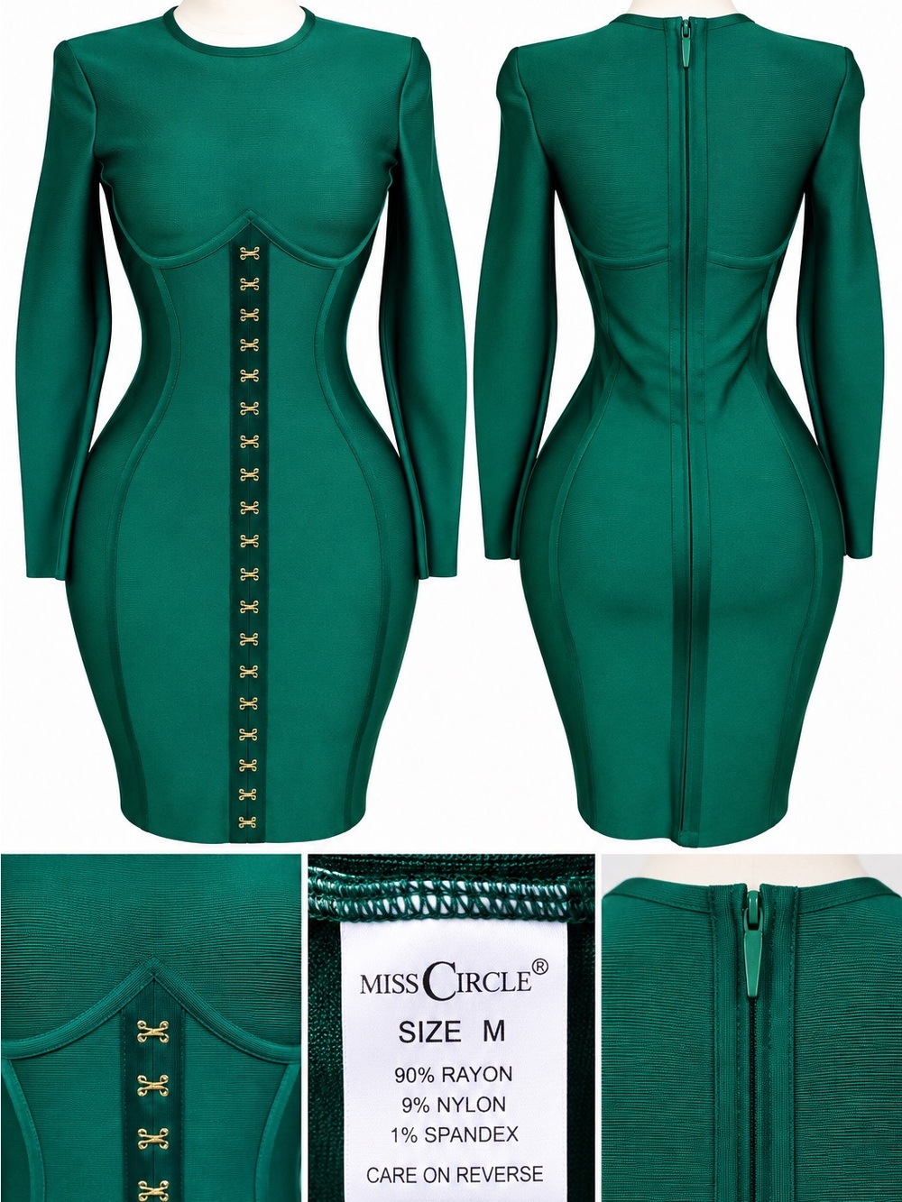 Miss Circle Emerald Green Long Sleeve Corset Bodycon Dress